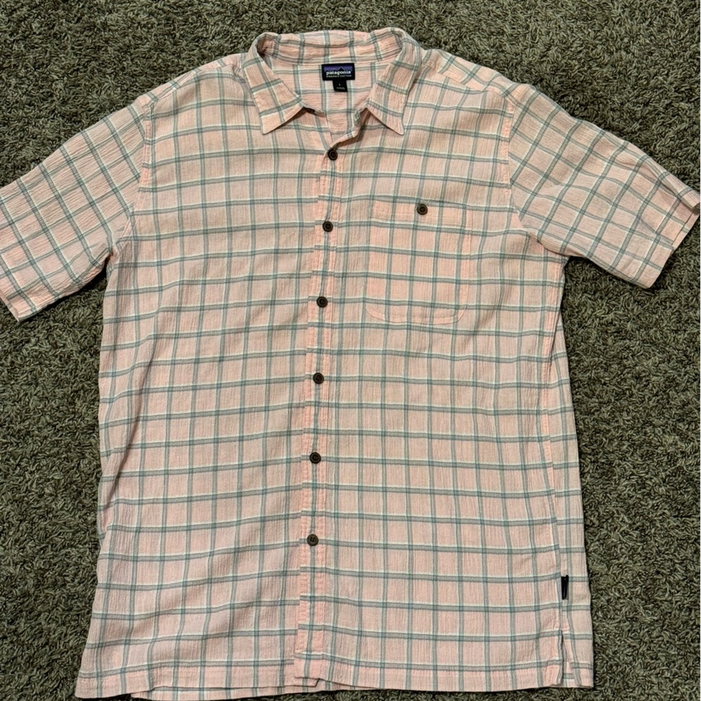 Patagonia Men's Button Up Shirt Organic Cotton Pink Plaid Short Sleeve Size L